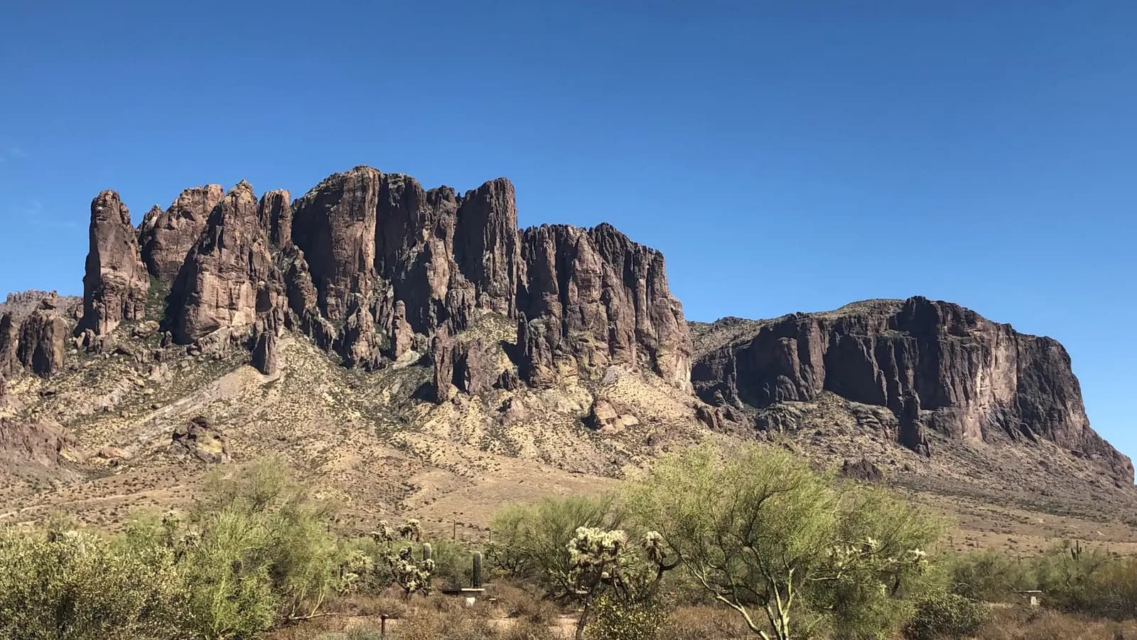 Jagged west face of Superstition Mountain from Lost Dutchman State Park near Apache Junction, Arizona