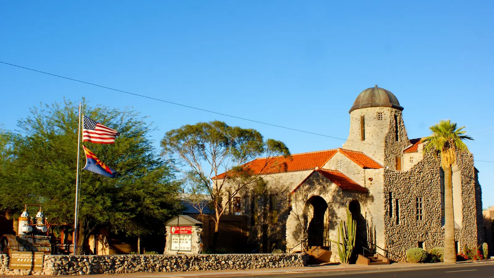 The 1927 Casa Grande Stone Church, now a history museum, in late-afternoon sun in Casa Grande, Arizona