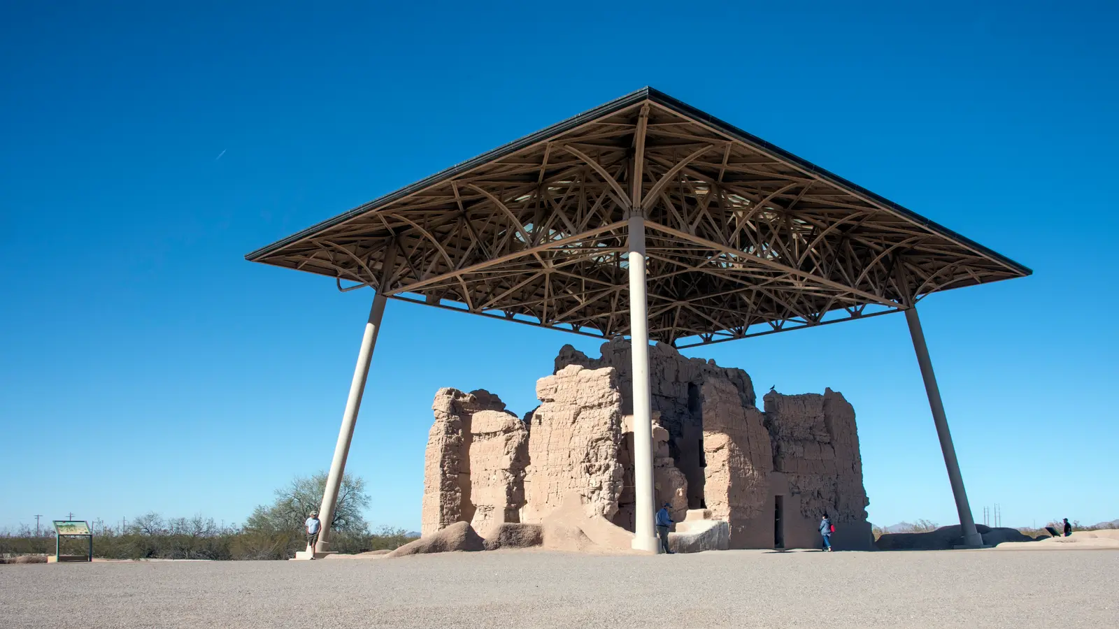 Casa Grande Great House ruin under its steel shelter at Casa Grande Ruins National Monument, Coolidge, AZ