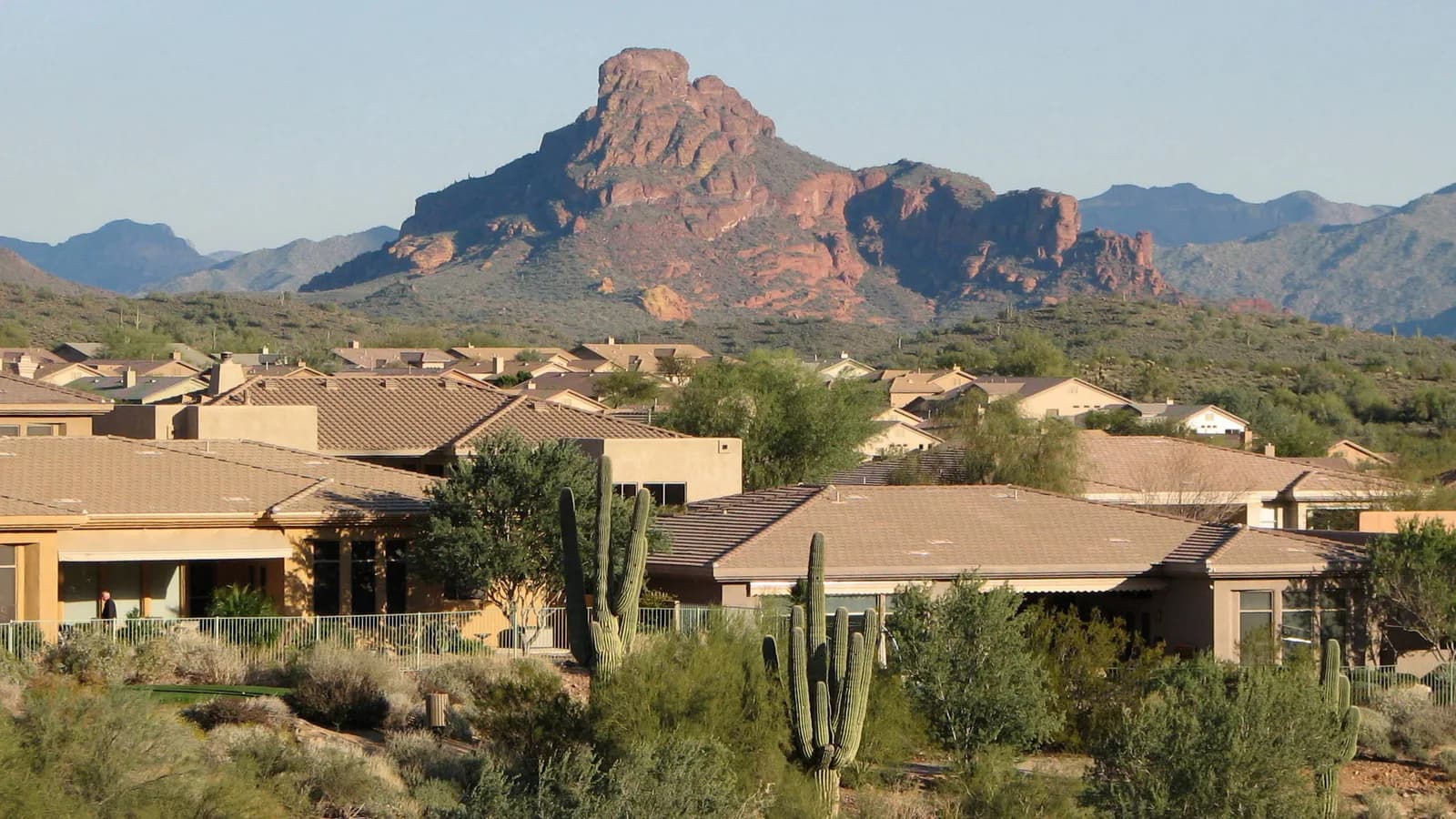 Tile-roofed Fountain Hills, Arizona homes below Red Mountain