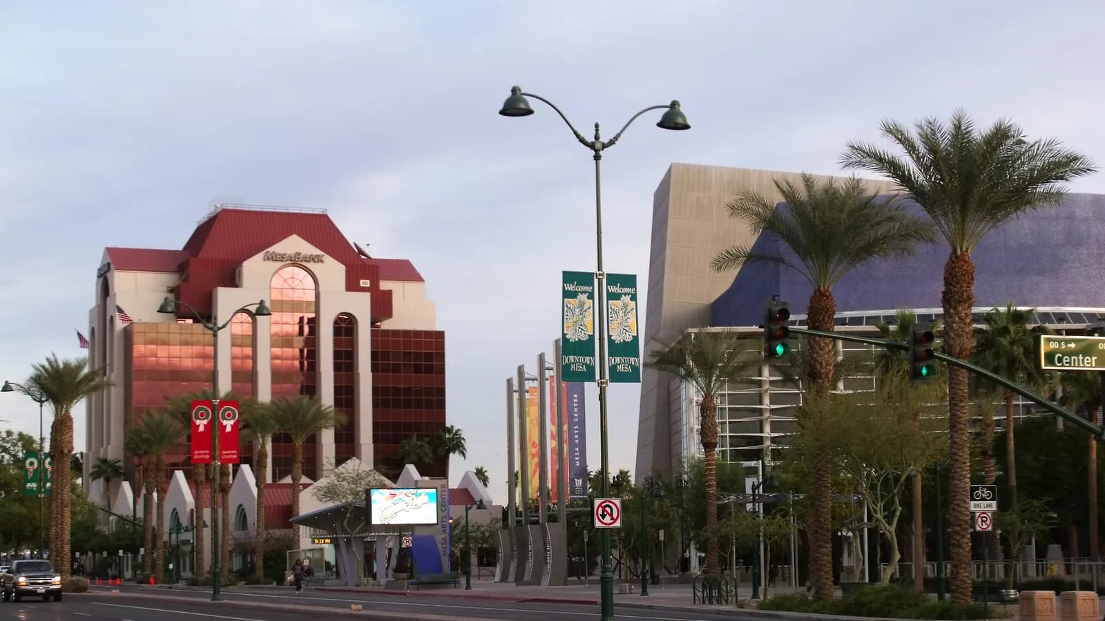 Downtown Mesa, Arizona with the Mesa Arts Center and welcome banners