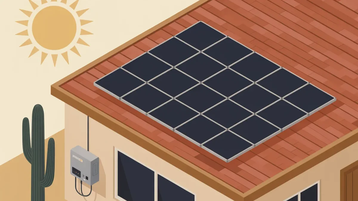 Illustration of an Arizona stucco home with a solar array on its tile roof, an inverter on the wall, a saguaro beside it, and the desert sun overhead