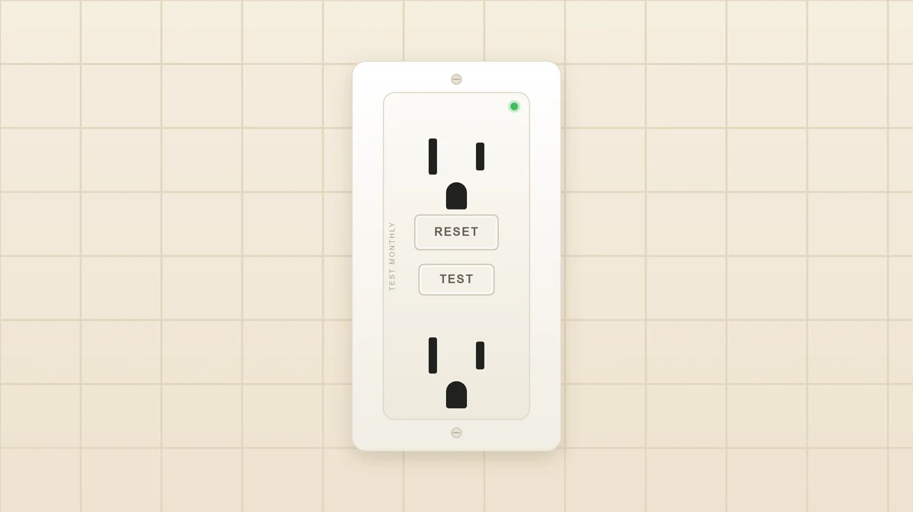 Illustration of a white GFCI outlet on a tiled kitchen backsplash, with RESET and TEST buttons between the two receptacles and a green ready-indicator light
