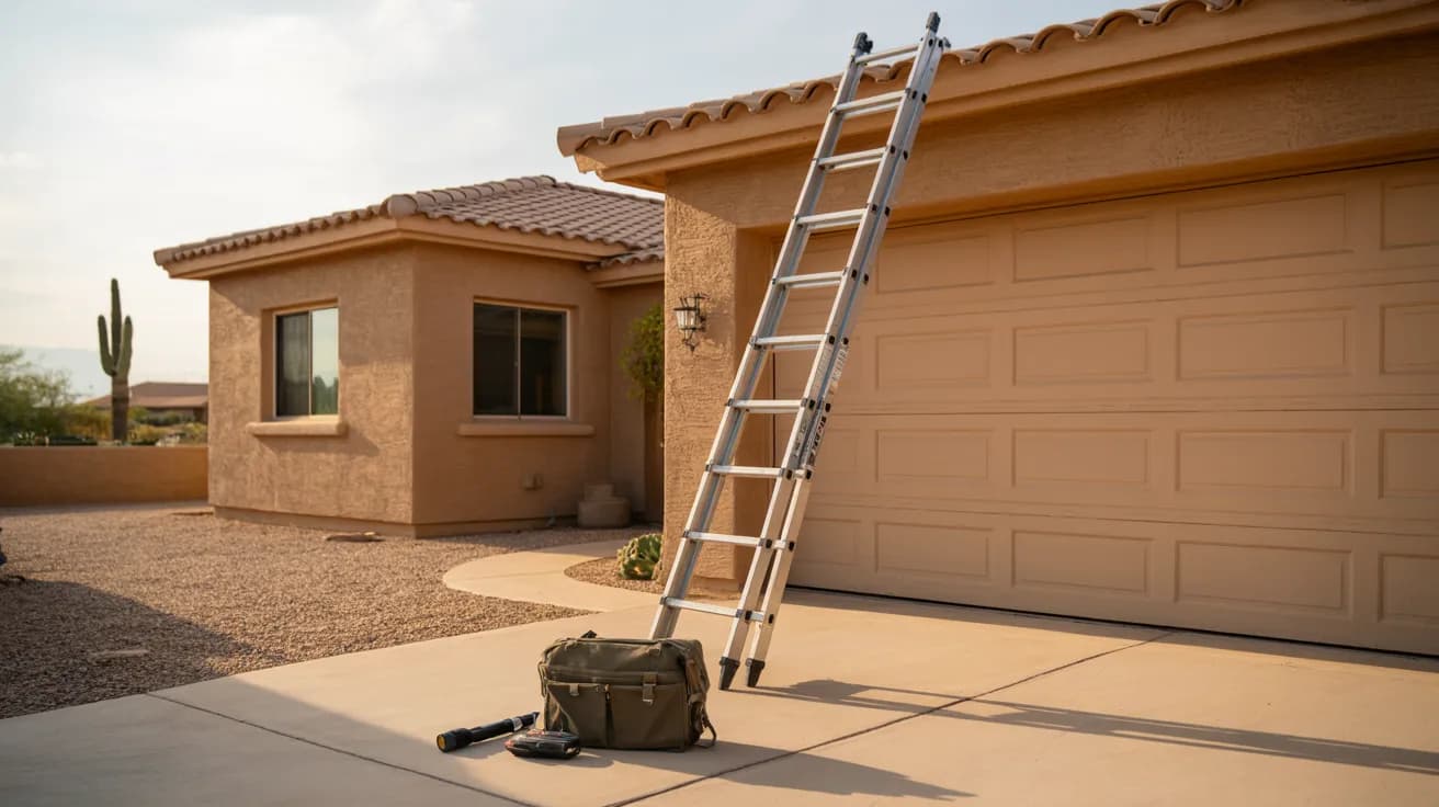 A telescoping ladder leaning against the eave of a tan stucco Arizona house with a barrel tile roof, a toolbag and flashlight on the driveway below