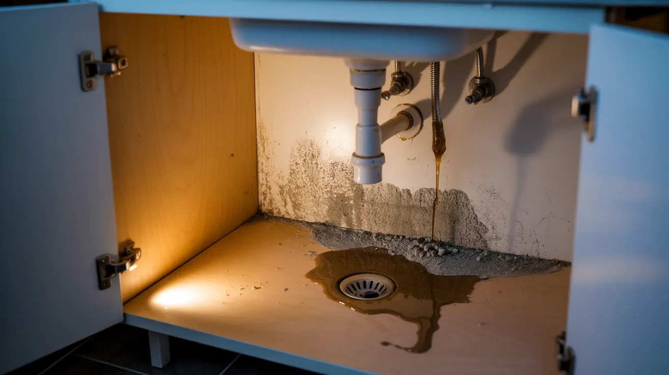 Looking into a cabinet under a bathroom sink where a slow drip has stained the base dark and grey mold has spread across the damp corner