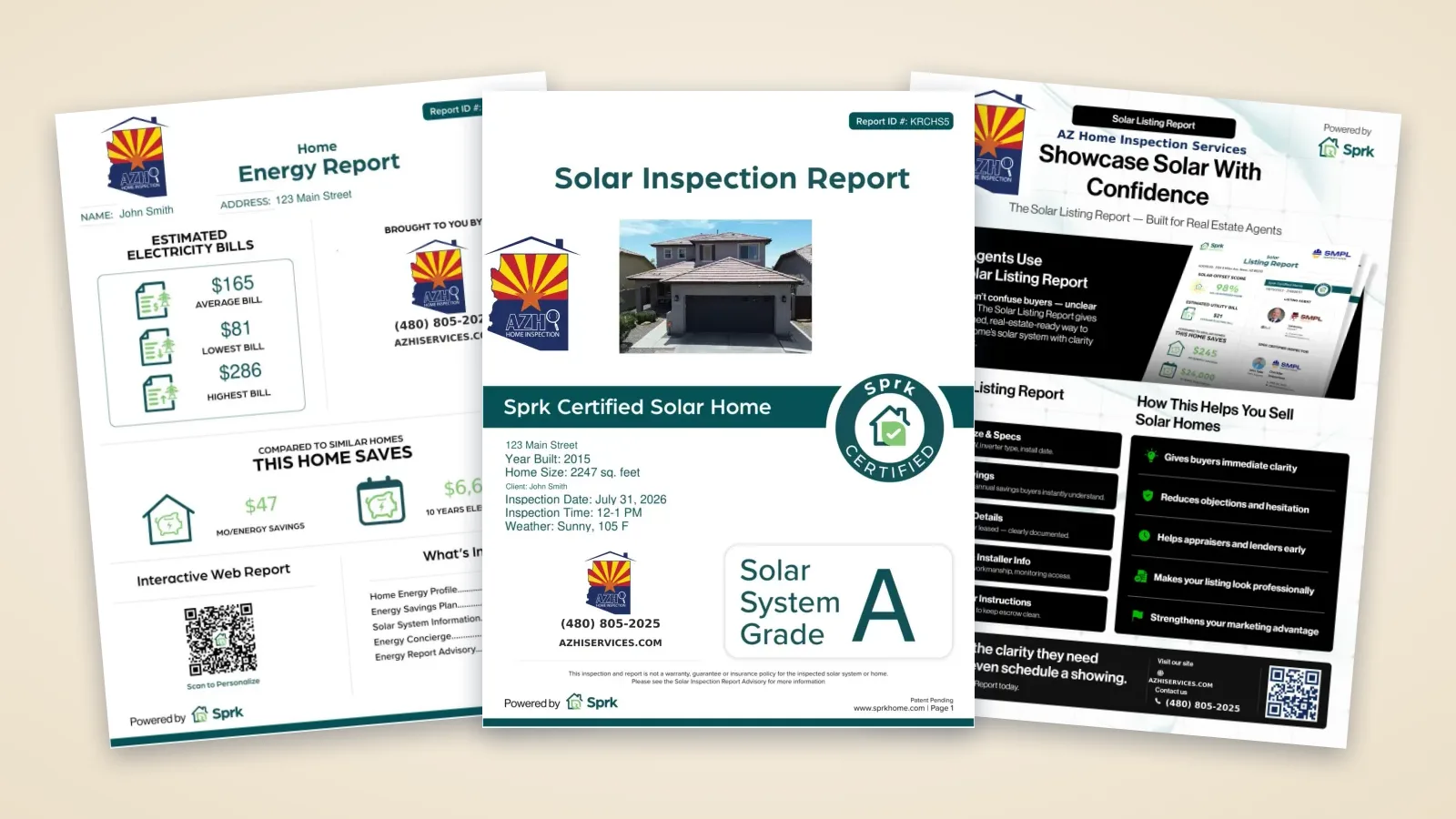 The three SPRK reports from AZ Home Inspection Services: a Home Energy Report, a Solar Inspection Report with a Solar System Grade of A, and a Solar Listing Report flyer