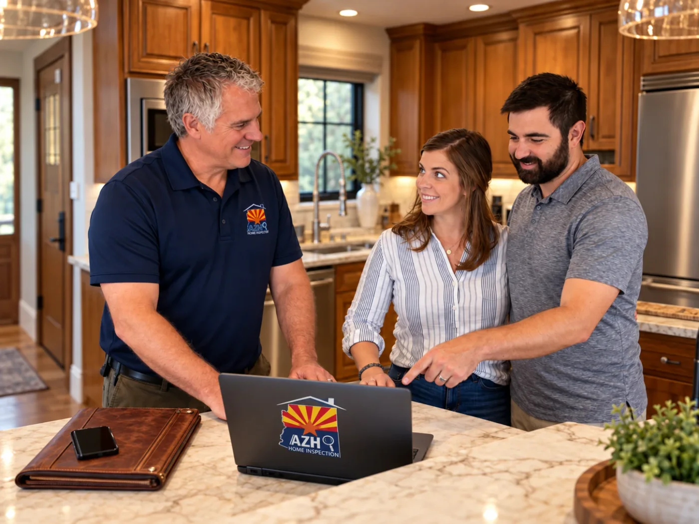 Bob Clardy reviewing an inspection report with clients at a kitchen counter