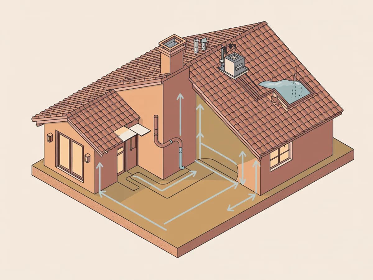 Cutaway illustration of a desert home showing the roof, window, plumbing and grading points where moisture enters